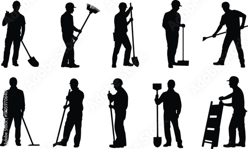 Black silhouettes of male construction workers, laborers, and janitors holding shovels, rakes, brooms, and ladders, isolated on white background for industrial maintenance projects