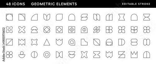 Abstract and geometric element collection. Graphic geometric elements, different shape, figure and more. Editable stroke. Pixel Perfect. Grid base 32 x 32.