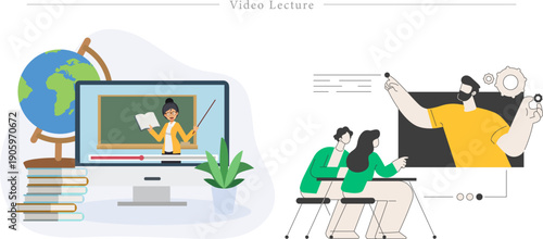 Premium Video Lecture Illustration Digital Classroom, Interactive Teaching and Remote Learning Flat Vector