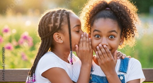 Two girls whispering and laughing while sitting outdoors in summer  