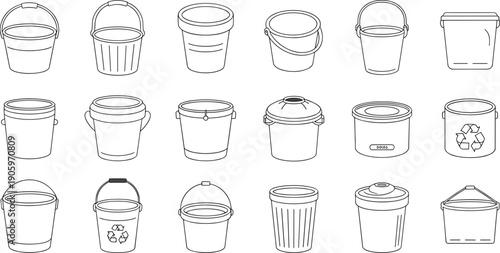 Collection of bucket line art icons, plastic pails and recycling containers for household cleaning, waste management, and industrial storage projects, vector on white