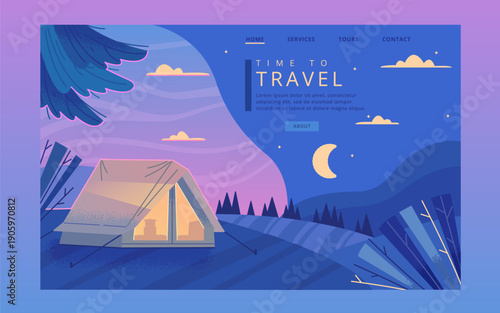 Simple Landing Page Design. Webpage Template. Tent in the Valley under the Tree at Night. Sleeping in Nature Experience