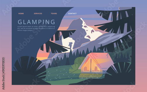 Simple Landing Page Design. Webpage Template. Tent in the Mountains under the Tree at Night. Sleeping in Nature Experience