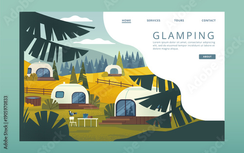 Simple Landing Page Design. Glamping on the Hills. Huts in the Fields. Glamping Pods
