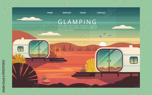 Simple Landing Page Design. Webpage Template. Glamping in the Desert. Glamping Pods in the Fields 