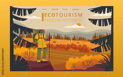 Simple Landing Page Design. Webpage Template. Eco-tourism Page Design. Traveler on a Cliff Looking at the Valley. Woman with Backpack on the Edge of a Cliff. Backpacking illustration
