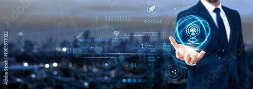 Foto Businessman holding global telecommunications network and connectivity solutions
