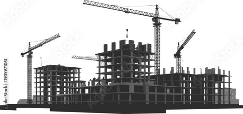 Construction site silhouette with tower cranes building high rise residential apartments and commercial property development urban infrastructure project vector illustration in minimalist style