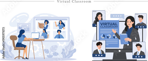 Premium Virtual Classroom Illustration Online Video Lecture, Remote Teacher and Digital Collaboration Flat Vector