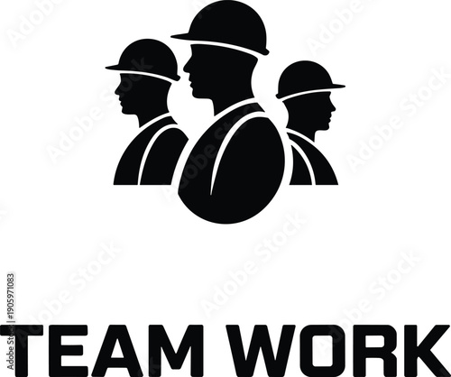 Construction team work silhouette set, group of industrial workers in hard hats, professional site labor collective, engineering safety crew unity vector icon illustration
