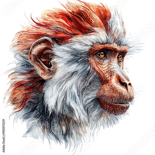 Proboscis Monkey, illustration watercolor artwork with subtle gradients and elegant contours, isolated on a white background.