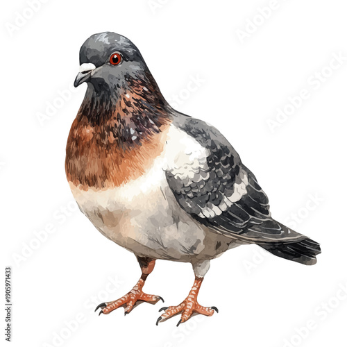 Pigeon, refined watercolor illustration with luminous tones and soft layered brushwork, isolated on a white background.