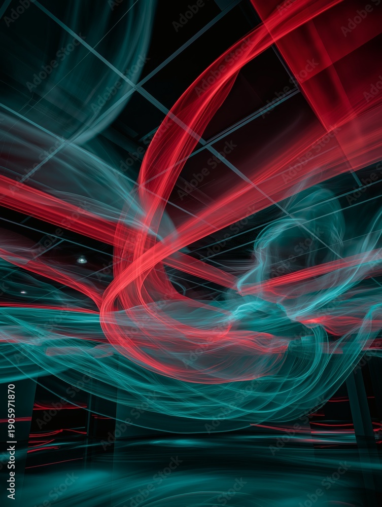 Obraz premium Abstract Light Installation: Dynamic Red and Teal Energy in Modern Space