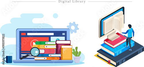 Premium Digital Library Illustration Online Research, Video Learning and Interactive Knowledge Access Flat Vector
