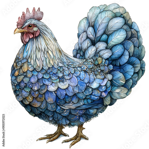 Pearl Hen, refined watercolor illustration with luminous tones and soft layered brushwork, isolated on a white background.