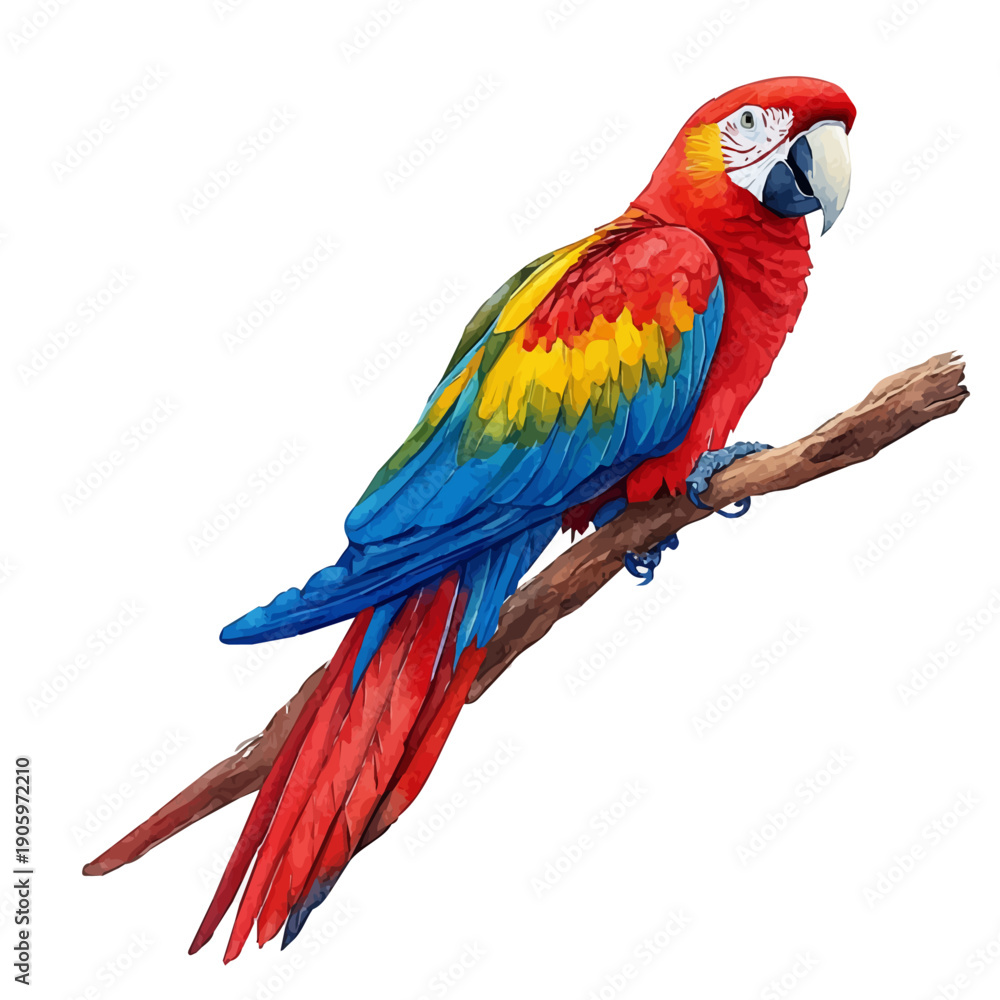 Obraz premium Parrot, illustration watercolor with dynamic strokes and balanced color harmony, isolated on a white background.