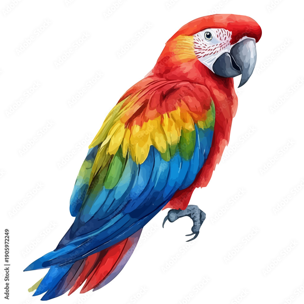 Obraz premium Parrot, illustration watercolor with dynamic strokes and balanced color harmony, isolated on a white background.