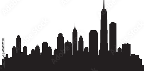 Black silhouette of a dense city skyline with varied building heights and architectural styles against a white background also transparent background