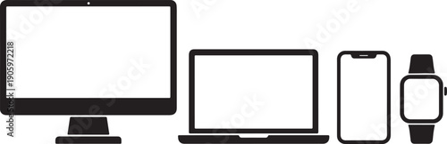 Black silhouette of a desktop computer laptop smartphone and smartwatch arranged horizontally on a white background also transparent background