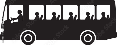 Black silhouette of a bus with a driver and passengers inside viewed from the side also transparent background