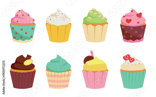 Wallpaper Mural A set of colorful isolated cupcakes with different fillings. Chocolate cupcake, vanilla cupcake, almond cupcake, and strawberry cupcake. A cute flat design for decorating postcards, posters, and ad Torontodigital.ca