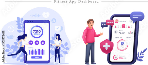 Premium Fitness App Dashboard Illustration Smartphone Health Tracking, Activity Metrics and Medical Shield Vector