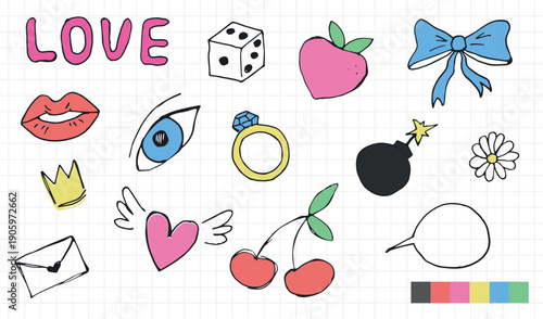 Wallpaper Mural A set of cute hand-drawn y2k-themed stickers. Lips, bows, and a bomb, peach, ring, cherries, dialog cloud. A set of comic-style hand-drawn stickers Torontodigital.ca