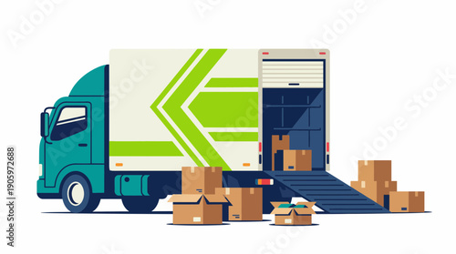 Delivery box truck unloading cardboard shipping packages on ramp illustration, concept for logistics management, moving services and e-commerce operations