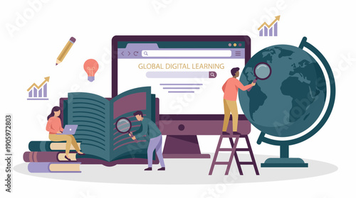 Detailed vector of learners interacting with books, a globe and a computer screen showing "Global Digital Learning", concept for distance learning, professional training and international business