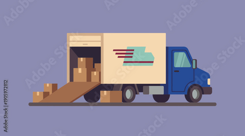 A flat graphic illustration showing a blue delivery truck loading cardboard boxes via a ramp on a purple background, concept for logistics services, transportation efficiency and delivery tracking