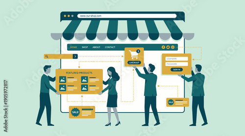 Professionals optimizing a digital e-commerce storefront layout, featuring cart, login and product modules, concept for e-commerce development, user experience design and online marketing strategy