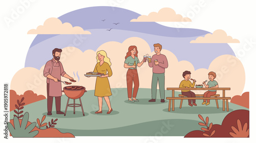 Illustrated family and friends enjoying an outdoor summer barbecue, man grilling sausages, others toasting drinks, concept for summer relaxation, event advertisement and holiday promotions