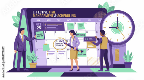 Business executives and project managers planning tasks and deadlines on a large calendar visualization of time management, concept for project planning, business scheduling and deadline management