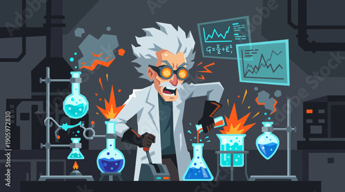 A frantic chemistry professor conducts a dangerous experiment in a science laboratory, resulting in fire and explosion, concept for educational materials, scientific research and safety warnings