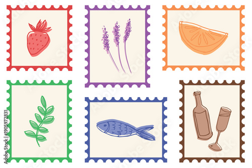 Wallpaper Mural A set of designs in the form of stamps with a two-color flat hand-drawn design. Vintage-style vacation and leisure themes Torontodigital.ca