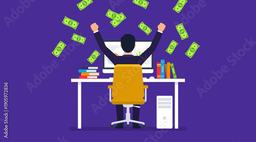 Businessman executive at desk with monitor and books celebrating money falling, concept for financial success, wealth management and passive income