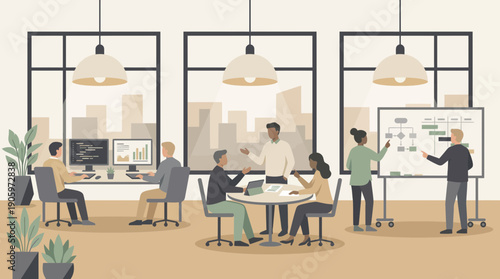 Diverse team of software developers and project managers collaborate in a modern open-plan office environment, concept for corporate meetings, teamwork illustration and digital transformation