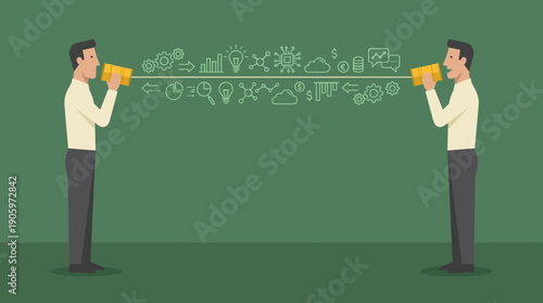 Business executives exchanging data flow, ideas and financial icons via classic tin can telephones graphic, concept for corporate communication, technology integration and process flow documentation