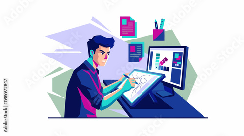 Professional graphic designer using a stylus on a digital drawing tablet connected to a monitor showing color palettes, concept for web design, creative workflow and digital illustration