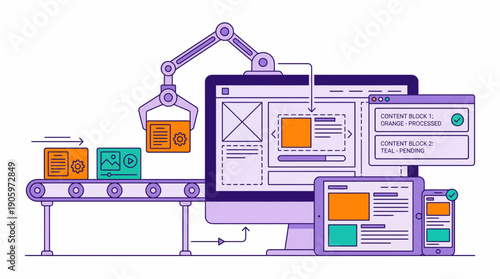Content automation illustration showing data blocks moved by robotic arm onto responsive screens, concept for digital workflow management, multi-device publishing and business process optimization