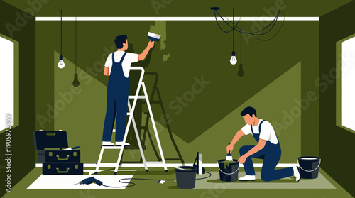 Two professional painters renovating an interior room wall with brushes, ladders and paint buckets, concept for construction business branding, home repair services and specialized trades promotion