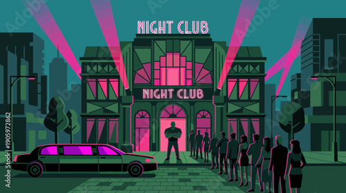 Vector illustration of a vibrant nightlife club entrance with a security bouncer, queue of patrons and limousine, concept for event promotion, entertainment marketing and modern graphic design
