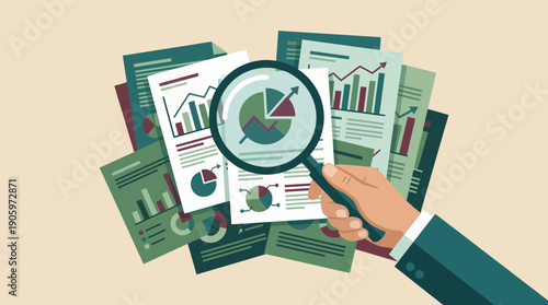 Financial analyst's hand examines stacked business reports with charts using a large magnifying glass, concept for market research, financial planning and performance analysis