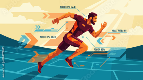 Geometric vector illustration of a running man on a track with graphic HUD data, concept for athletic performance analysis, sports technology design and fitness tracking promotion