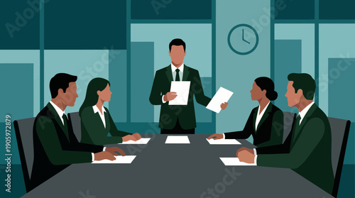 Senior manager leads a professional business meeting presentation with corporate executives in a modern boardroom, concept for corporate strategy, leadership training and internal communication