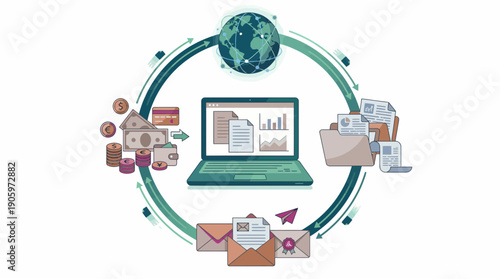 Digital business cycle illustration showing global finance, data management and communication around a laptop, concept for fintech platforms, corporate automation and global business strategies