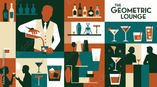 Geometric illustration of a professional bartender mixing cocktails, surrounded by bar essentials and socializing patrons, concept for beverage menus, nightlife promotions and restaurant branding