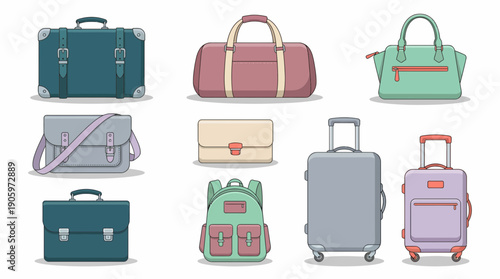 Colorful flat outline vector illustration set of various luggage, suitcases, briefcases and travel bags, concept for tourism services, fashion accessories design and transportation infographics