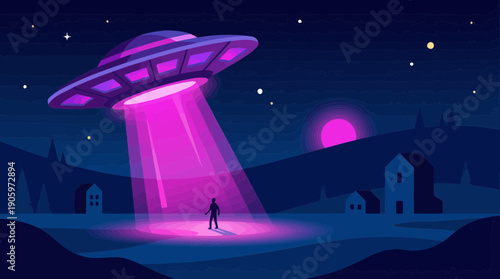 Vector illustration of a UFO abducting a person with a glowing purple beam over a dark landscape at night, concept for sci-fi visualization, mystery advertisement and cosmic event promotion