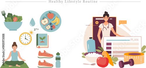 Premium Healthy Lifestyle Routine Illustration Wellness Habits, Nutrition Plan and Digital Health Coaching Flat Vector